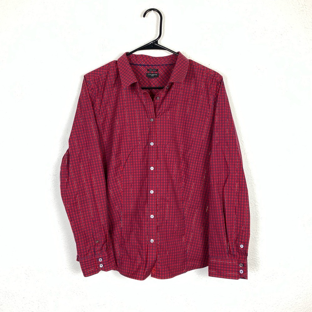 Talbots gold threading plaid button up top size 16P wrinkle holiday Christmas